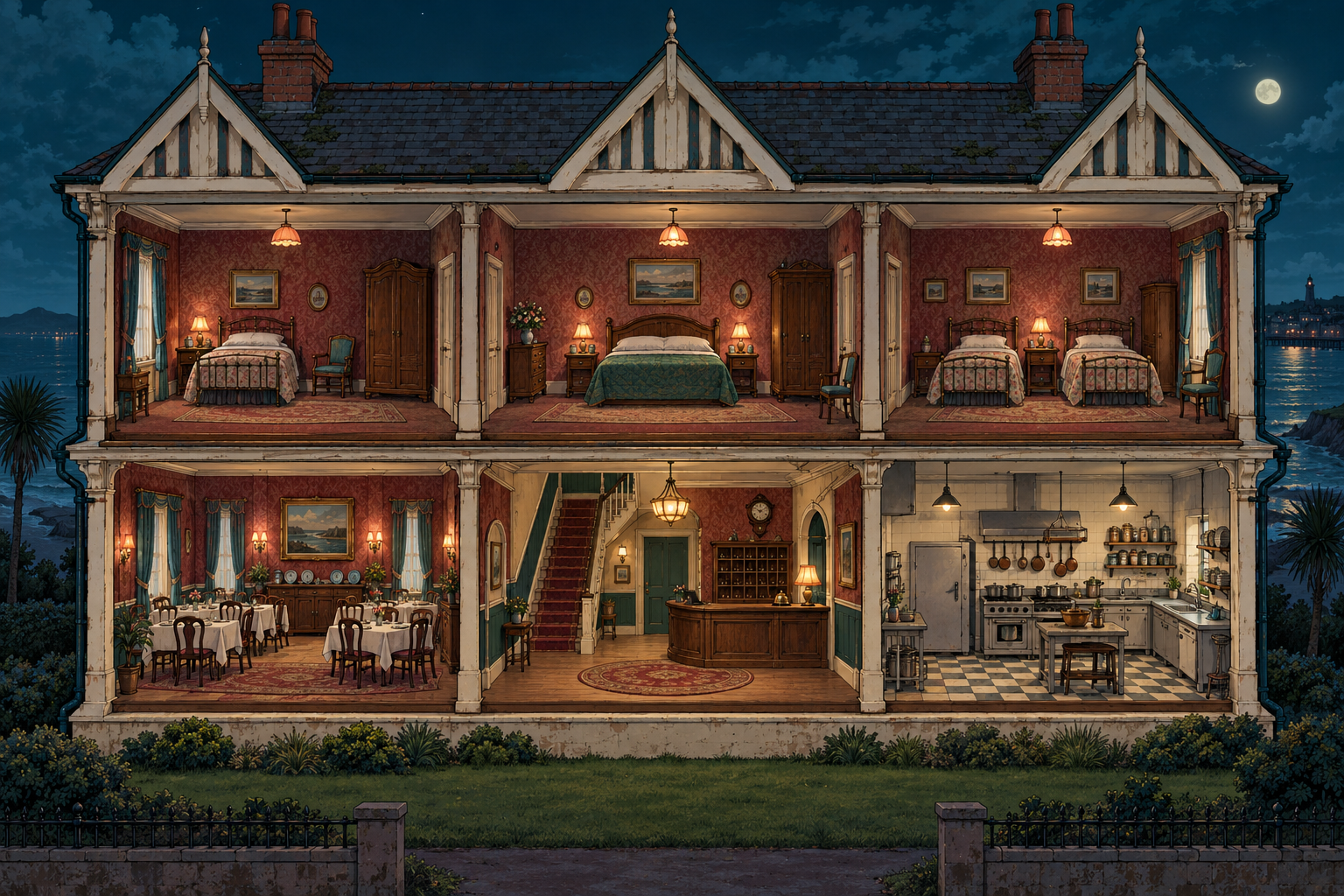 Illustrated cutaway of a British seaside hotel with bedrooms, dining room, reception and kitchen